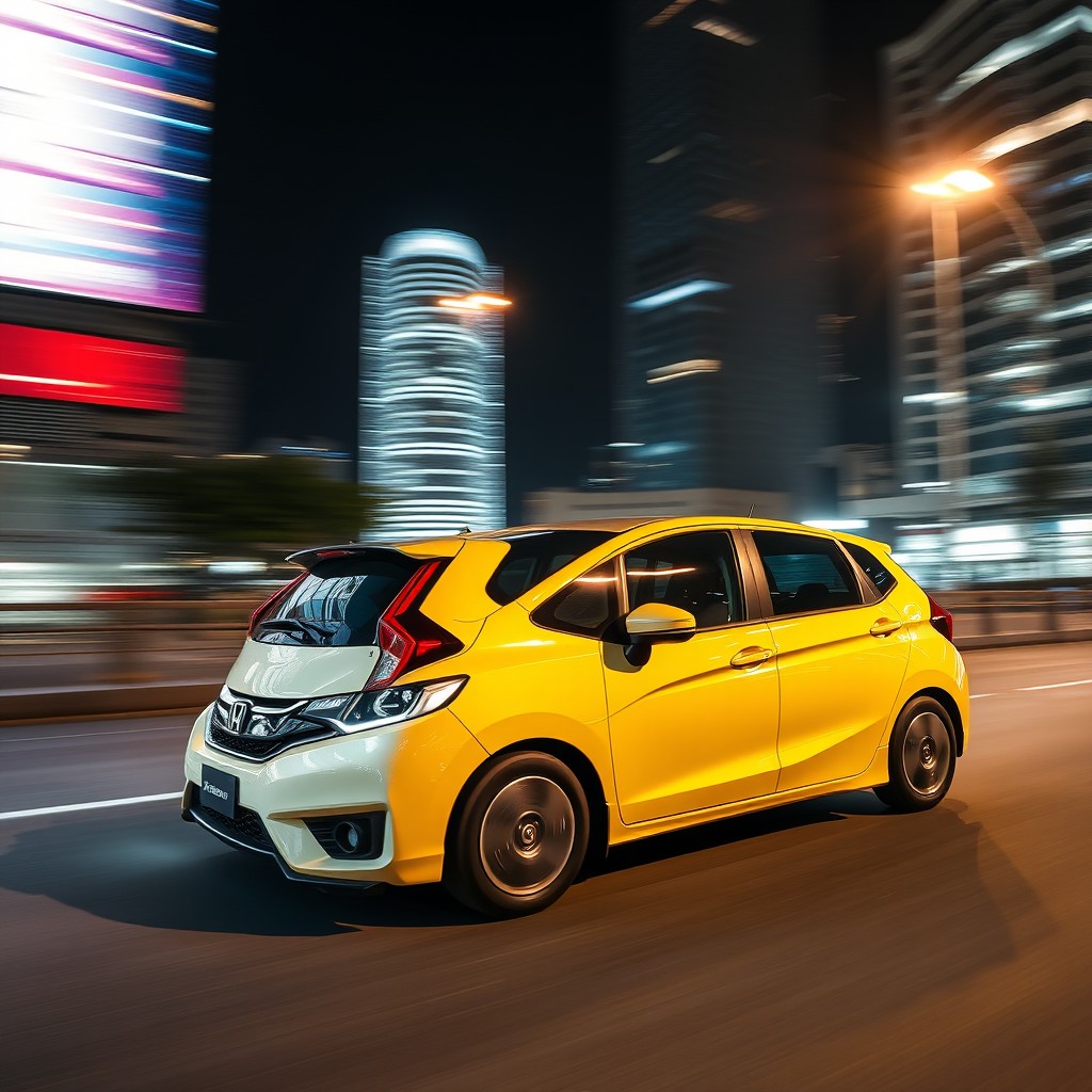 A stunning rolling shot of a Honda Jazz (also known as Honda Fit) captured from the side view at night, showcasing the car's sleek lines and modern design