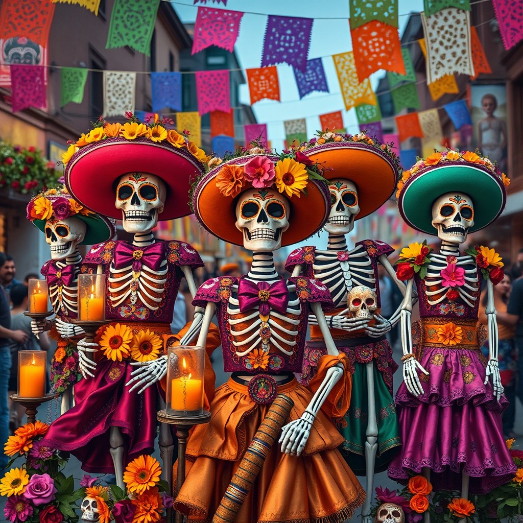 A vibrant, colorful depiction of artistic 'calacas' (skeletons) showcasing traditional Mexican Day of the Dead elements