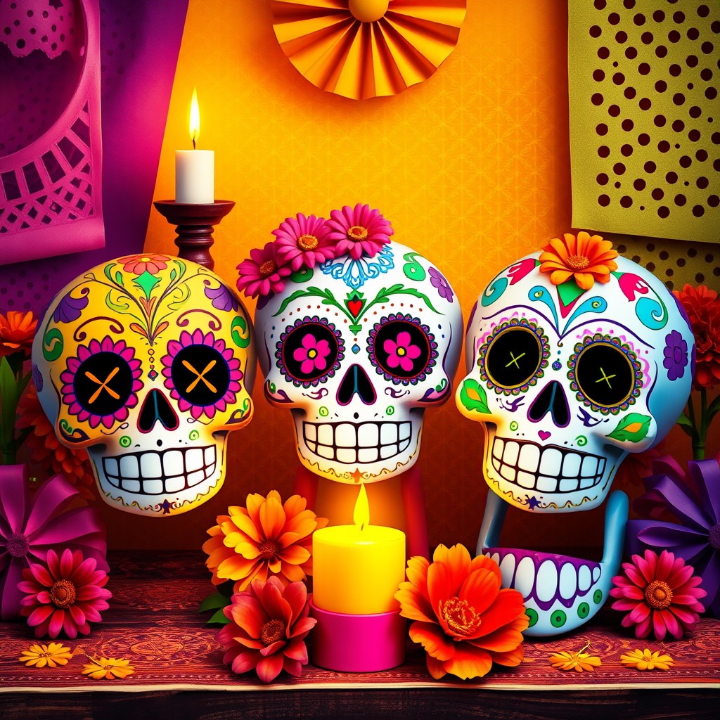 A vibrant and colorful artistic representation of 'calacas chidas', featuring beautifully decorated skulls for Día de los Muertos (Day of the Dead), with intricate patterns, floral designs, and bright colors
