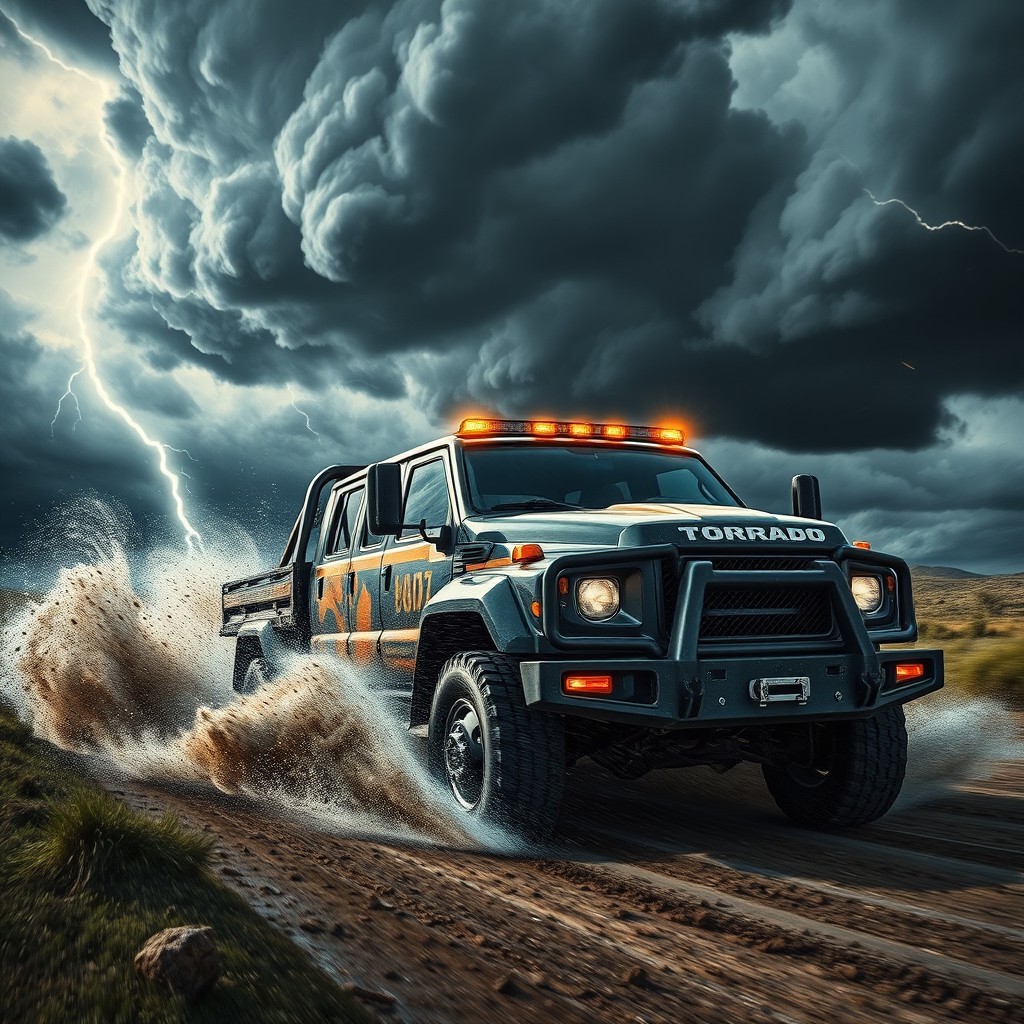 A powerful double cabin tornado truck barreling through a dramatic storm landscape with swirling dark clouds and flashes of lightning illuminating the scene