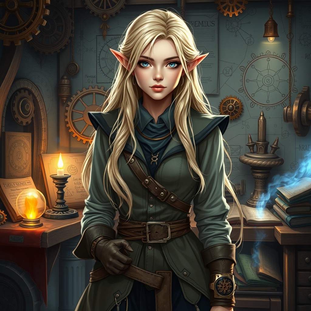 A half-elven female engineer and sorcerer with flaxen blonde hair cascading down her shoulders and striking light grey eyes
