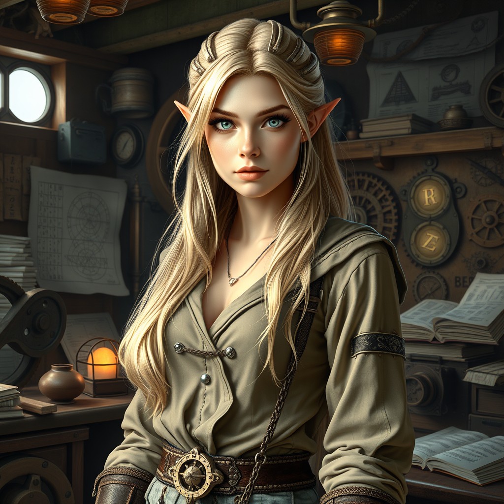 A realistic half-elven female engineer and sorcerer with flaxen blonde hair cascading down her shoulders and striking light grey eyes