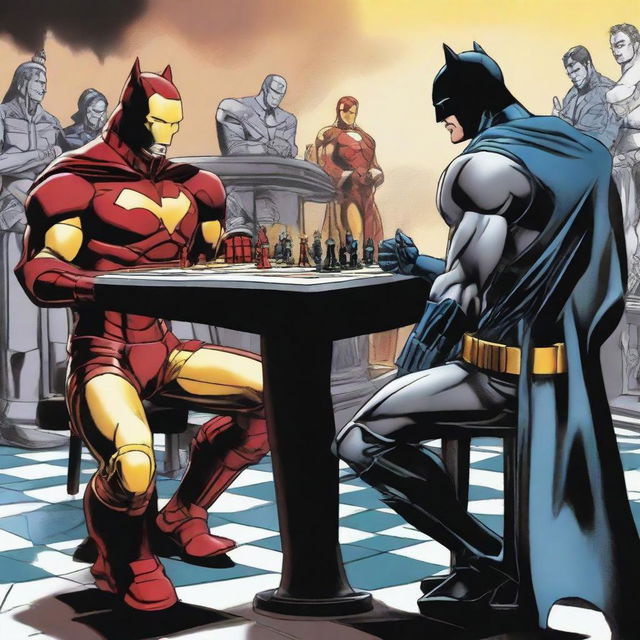 Batman and Iron Man deeply immersed in a game of chess, with various other superheroes spectating with interest and anticipation.