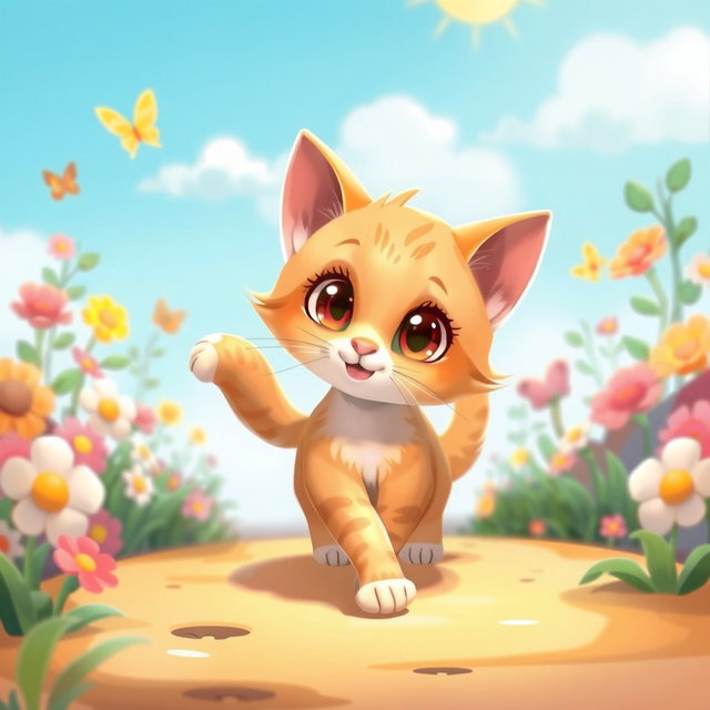 A charming 2D illustration of a cartoon-style cat walking gracefully