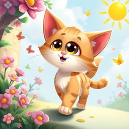 A charming 2D illustration of a cartoon-style cat walking gracefully