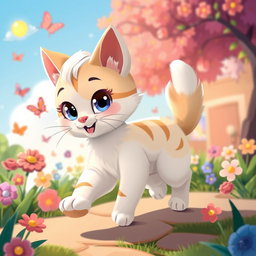 A charming 2D illustration of a cartoon-style cat walking gracefully