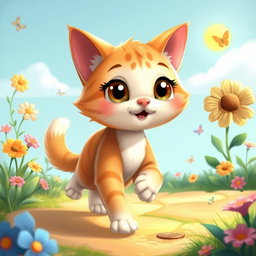 A charming 2D illustration of a cartoon-style cat walking gracefully