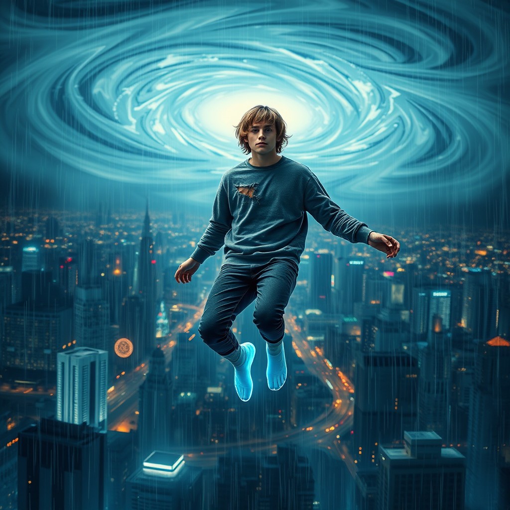 A surreal night scene of a vibrant city illuminated by swirling lights, resembling a whirlpool in the sky