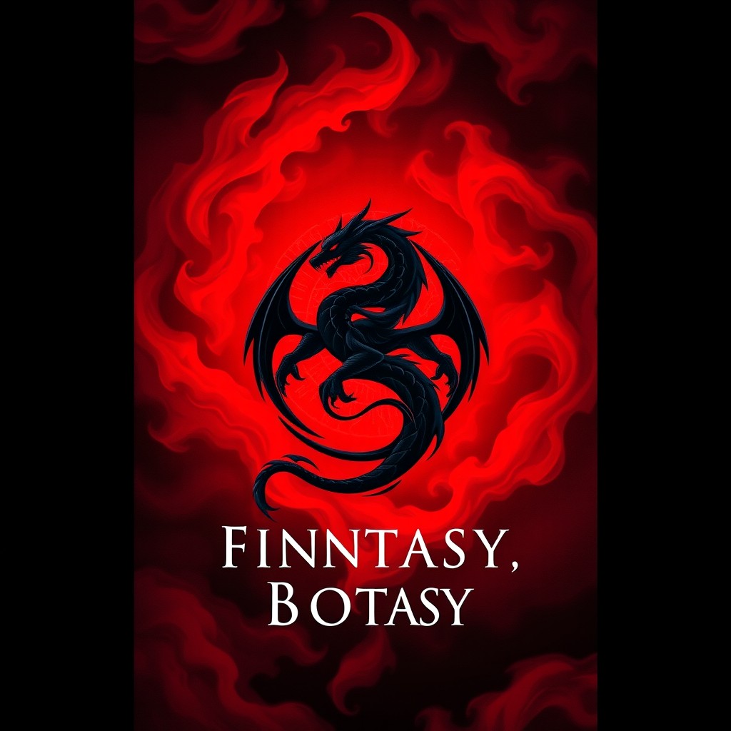 A fantasy book cover featuring a sleek black dragon mark at the center, surrounded by swirling crimson red clouds