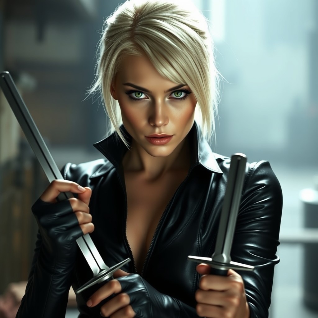 A stunning platinum blonde woman with striking green eyes, confidently holding two daggers