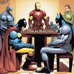 Batman and Iron Man deeply immersed in a game of chess, with various other superheroes spectating with interest and anticipation.