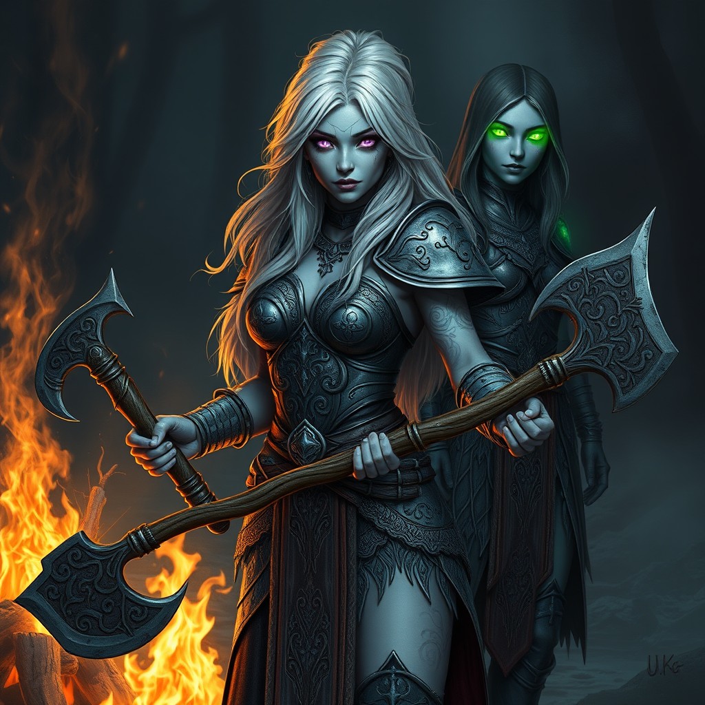 A full body depiction of a female Drow Nightbringer Cleric with ash-toned skin, adorned with intricate tribal vine tattoos