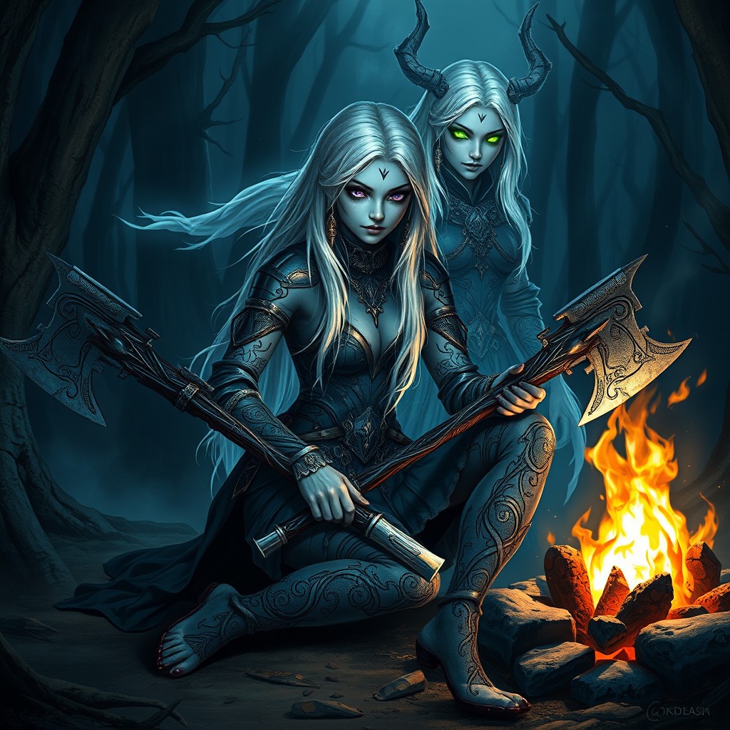 A full-body depiction of a female drow Nightbringer Cleric sitting near a glowing campfire
