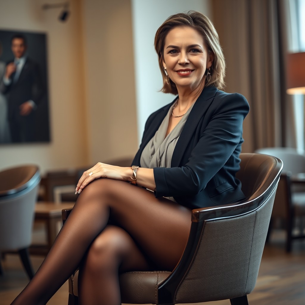 A mature, confident woman seated elegantly, wearing stylish pantyhose that accentuate her legs