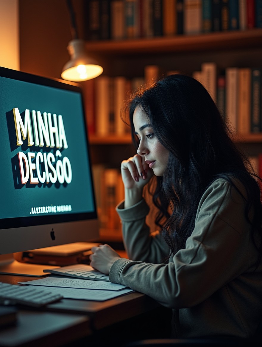 A dark-haired female writer deeply focused, seated at a desk with two computers in front of her