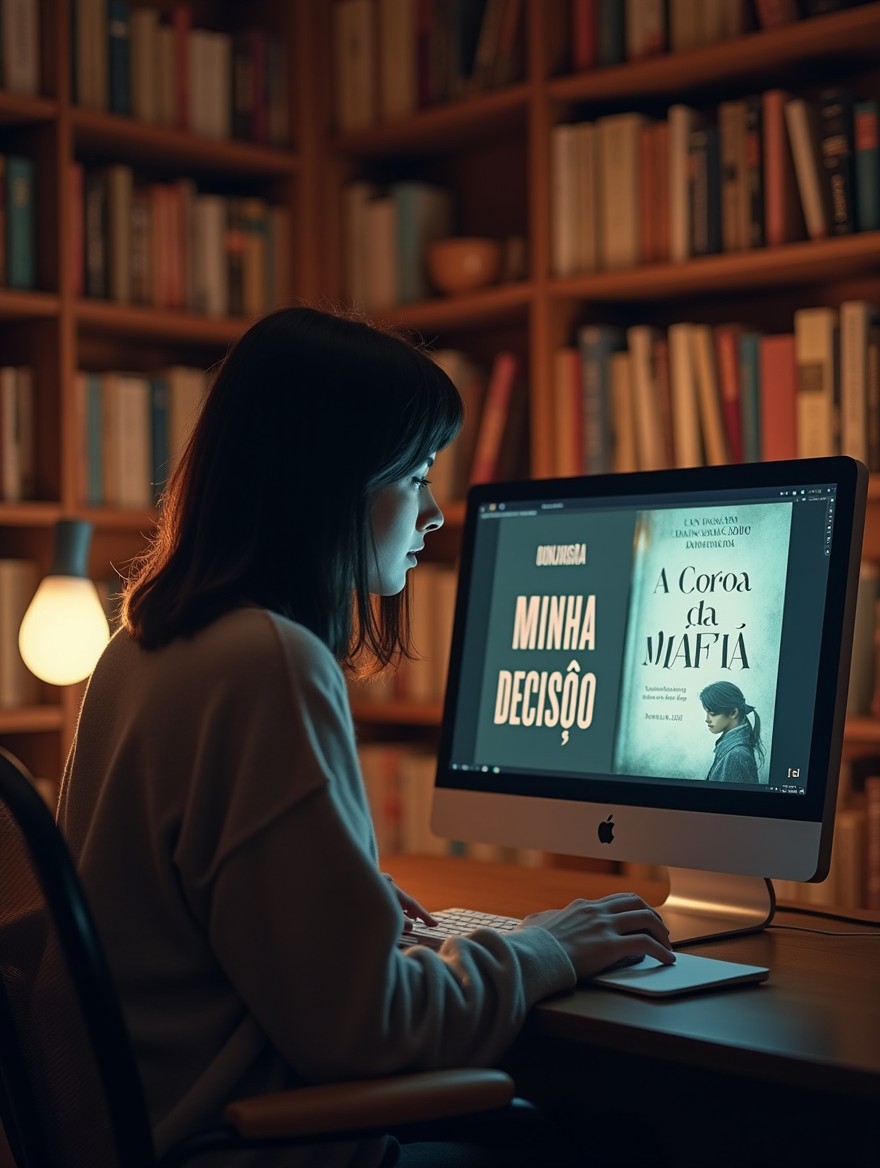 A dark-haired female writer deeply engrossed in her work, sitting in front of a single computer that has two screens