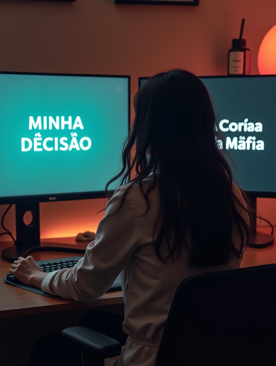 A dark-haired female writer sitting in front of a computer with two screens