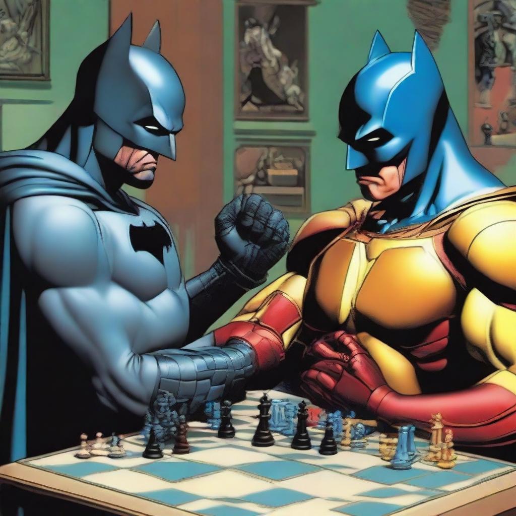 Batman and Iron Man deeply immersed in a game of chess, with various other superheroes spectating with interest and anticipation.