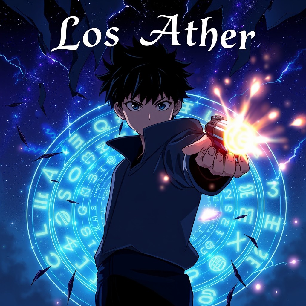 A digital anime-style illustration of a boy with an intense gaze and a magical aura, extending one hand to create a luminous gun that seems to materialize from arcane energy in the air