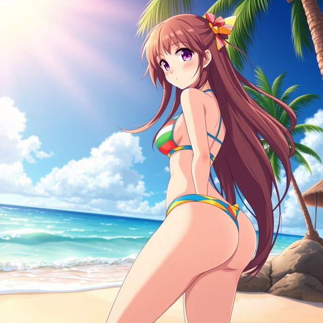 An anime girl with an attractive hourglass figure, featuring big thighs and a voluptuous butt, wearing a colorful bikini
