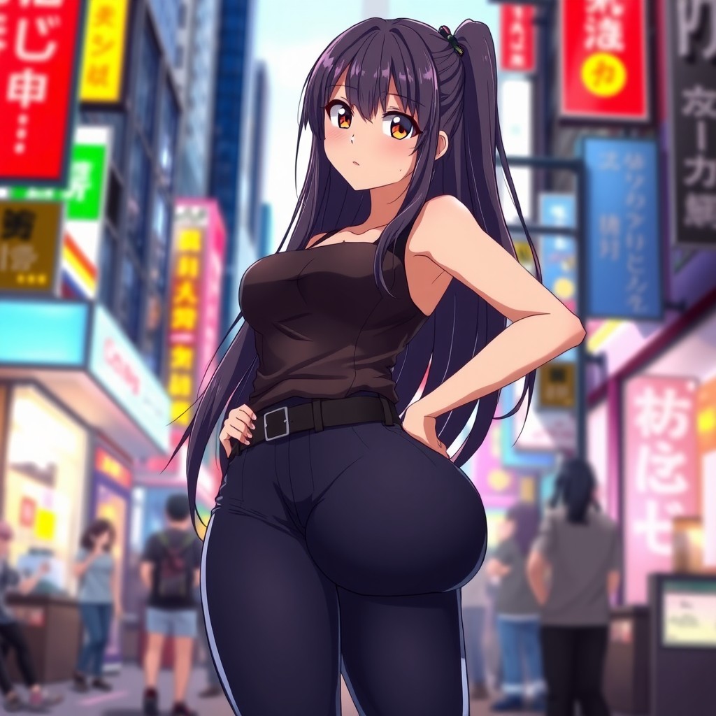 An anime girl with a curvy physique, emphasizing her big thighs