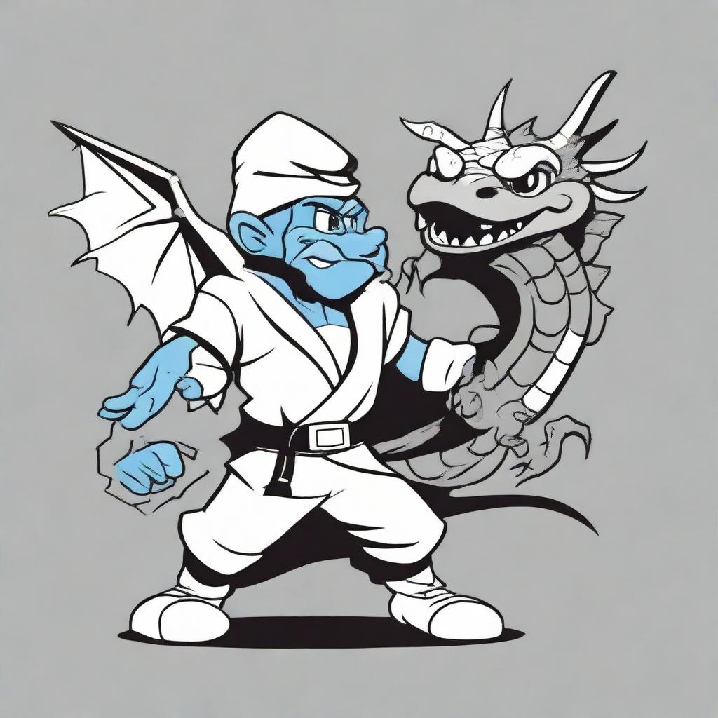 A high contrast, black and white vector-style illustration of Papa Smurf fighting with a dragon. Maintain a simple, flat design and line art style.