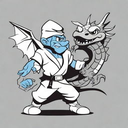 A high contrast, black and white vector-style illustration of Papa Smurf fighting with a dragon. Maintain a simple, flat design and line art style.