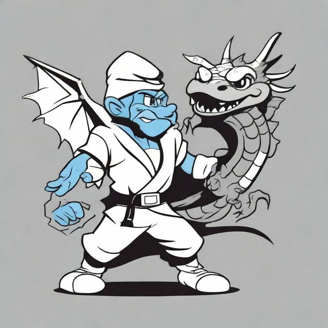 A high contrast, black and white vector-style illustration of Papa Smurf fighting with a dragon. Maintain a simple, flat design and line art style.