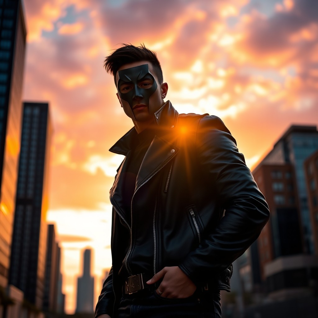 A mysterious masked man standing confidently in an urban setting, with the sun setting behind him creating a dramatic silhouette