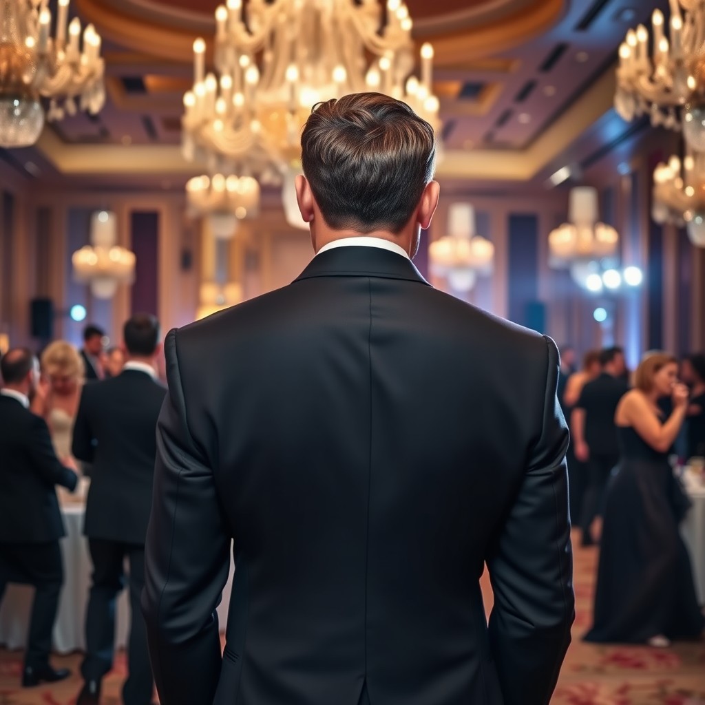 A masked man in a sleek, elegant suit standing at a grand ballroom, seen from behind