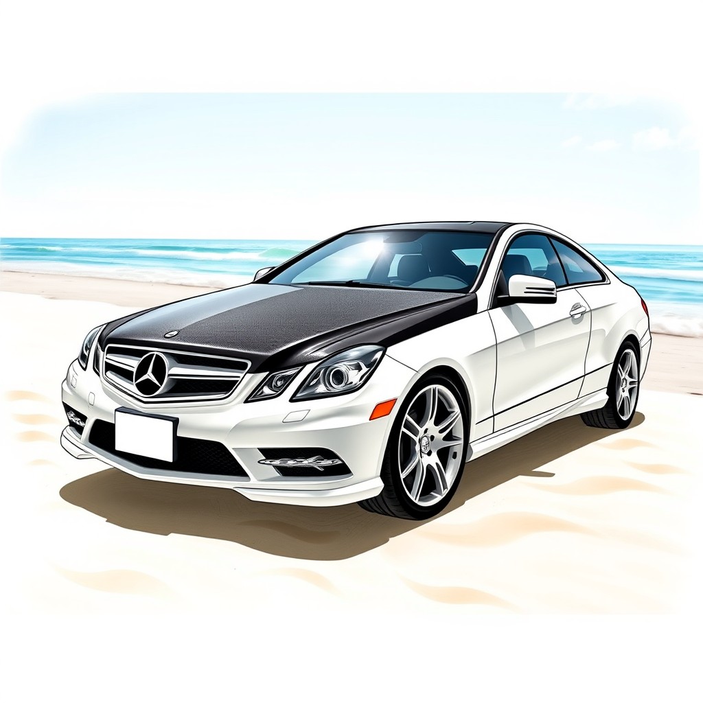 A detailed sketch of a 2011 Mercedes E250 coupe in a striking milky white color, featuring a hood wrapped in carbon black