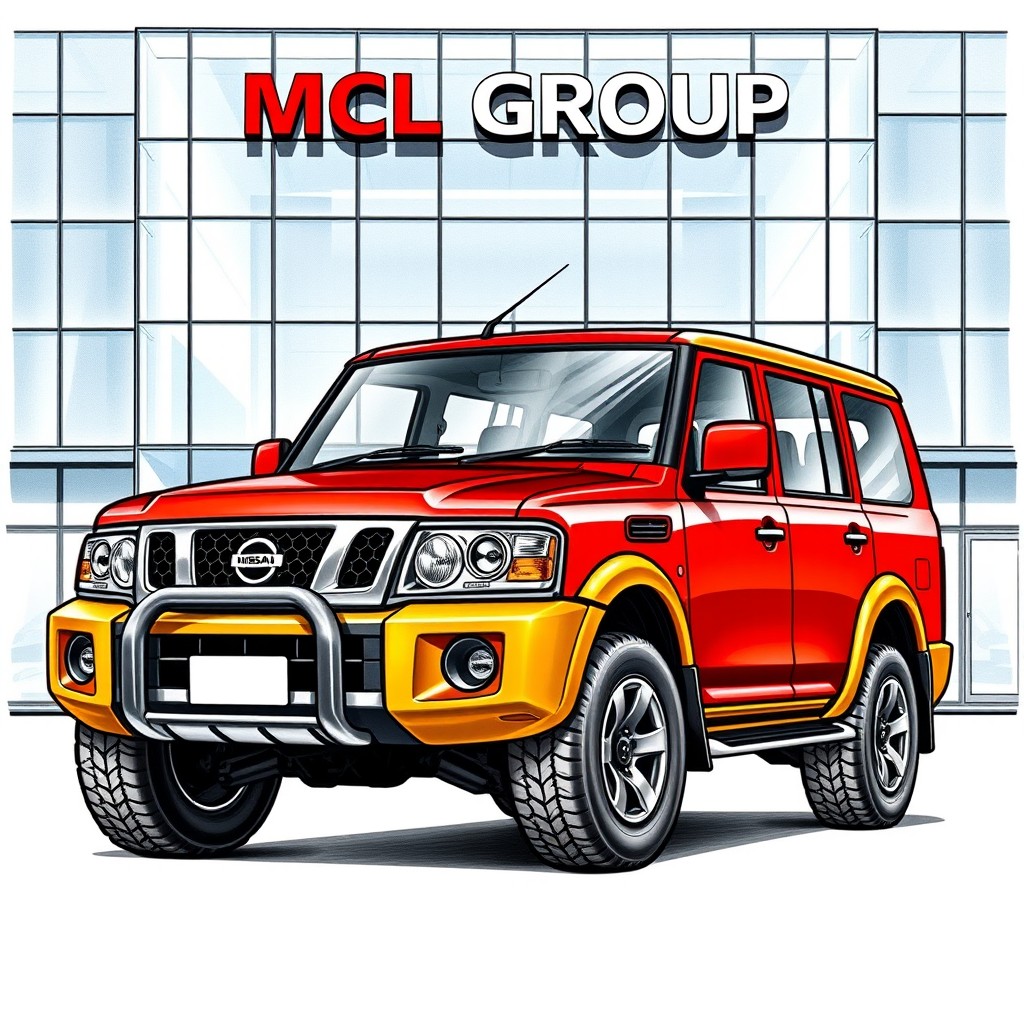 A detailed sketch of a Nissan Super Safari Y60, painted in a vibrant red with a golden base