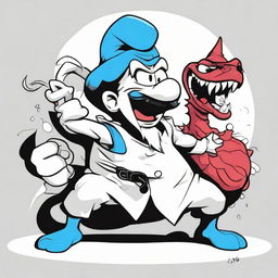 A high contrast, black and white vector-style illustration of Papa Smurf fighting with a dragon. Maintain a simple, flat design and line art style.