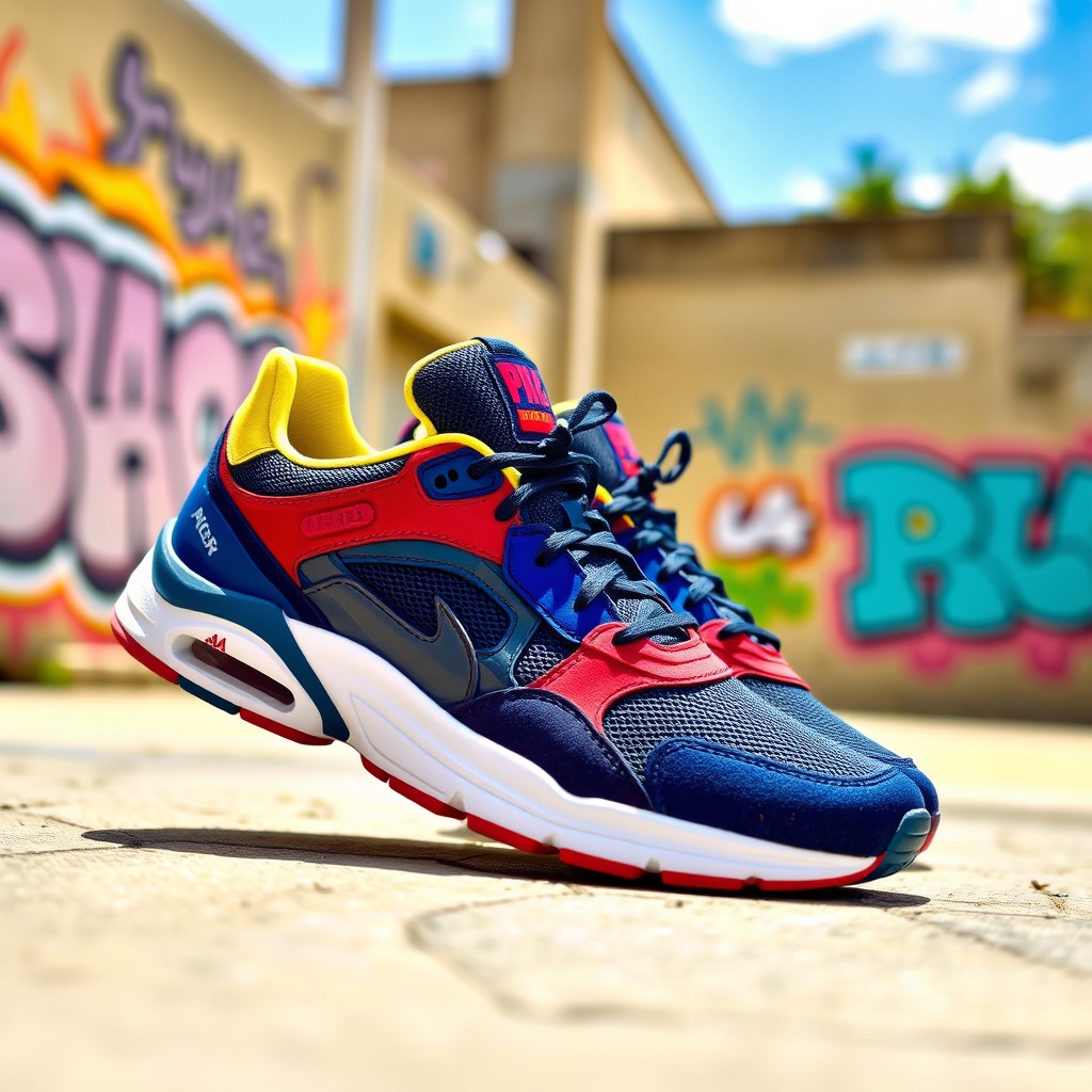 A pair of stylish sneakers with a contemporary design, featuring a mix of vibrant colors such as blue, red, and yellow
