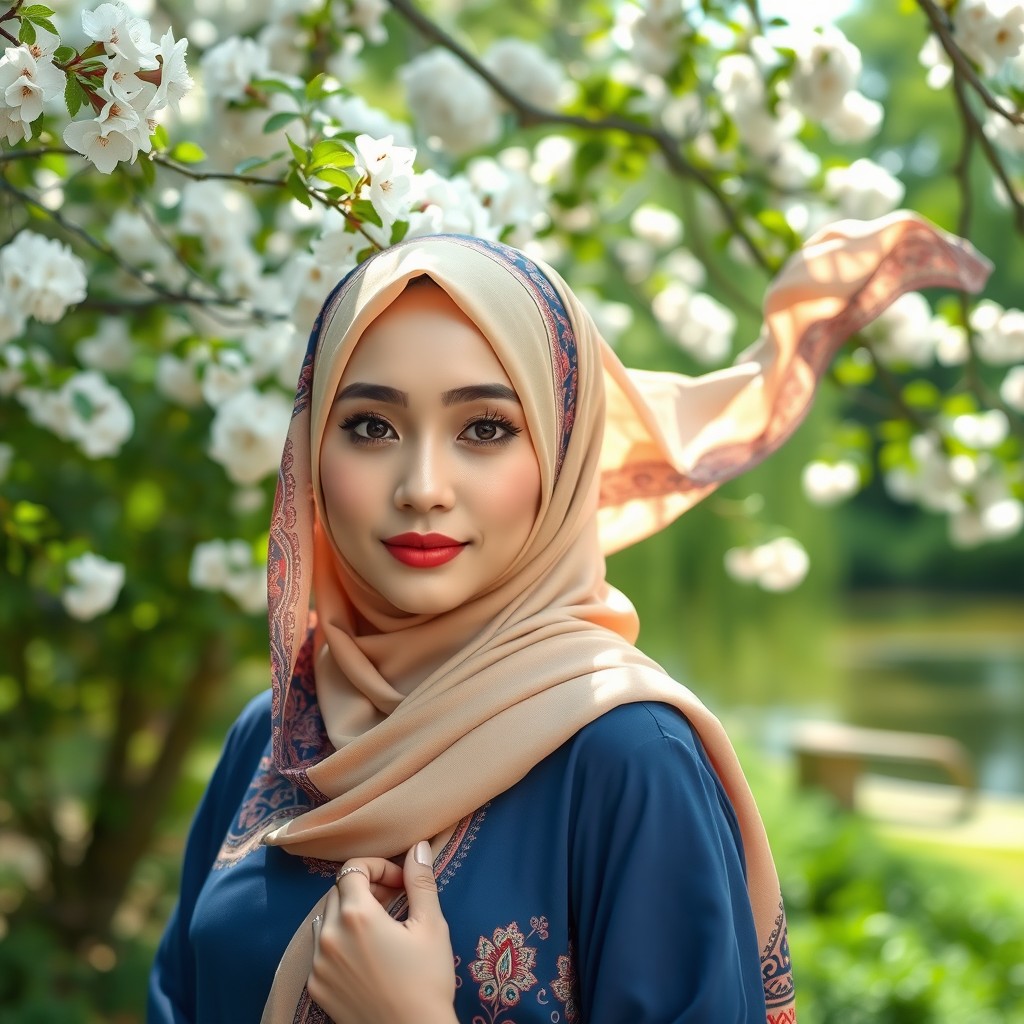 A beautiful woman wearing a hijab, elegantly styled with intricate patterns and vibrant colors