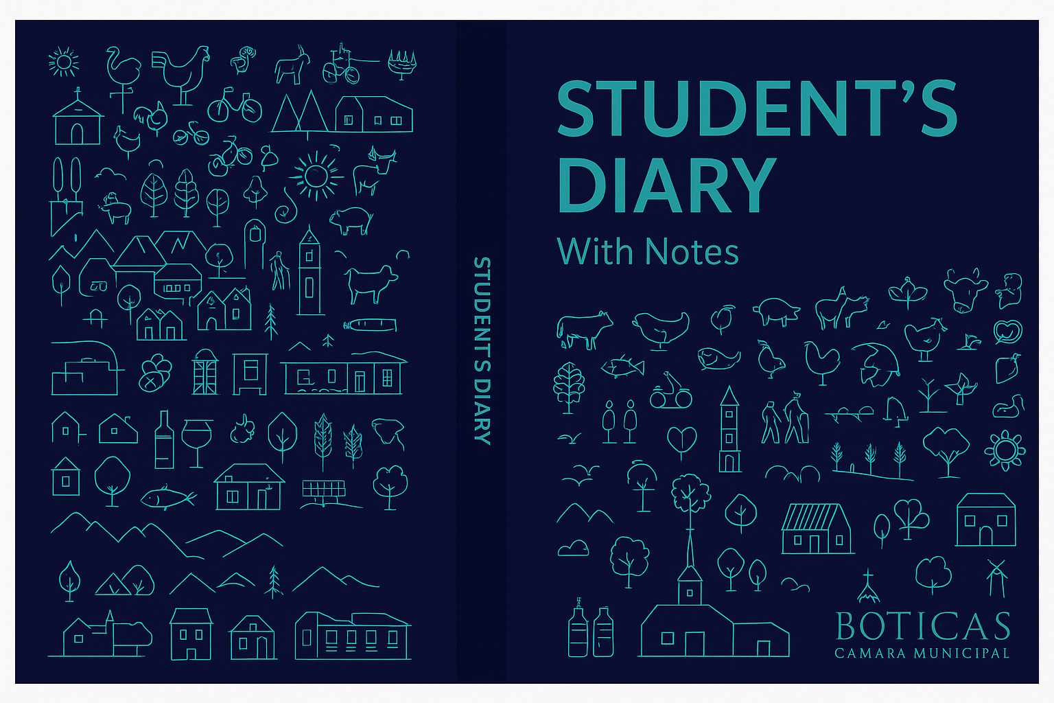 BOOK COVER:
Technical Features: Format: 307×210 mm; 11 mm spine included (matching the background color).
TITLE: "STUDENT'S DIARY."
SUBTITLE: "With Notes" (placed below the title).
Layout: Front and Back: inspired by the attached examples.