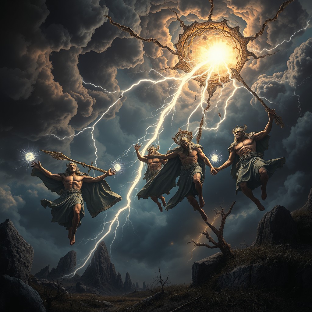 A dramatic scene depicting fallen gods descending from a cracked firmament, showcasing a celestial sky split by lightning and swirling dark clouds
