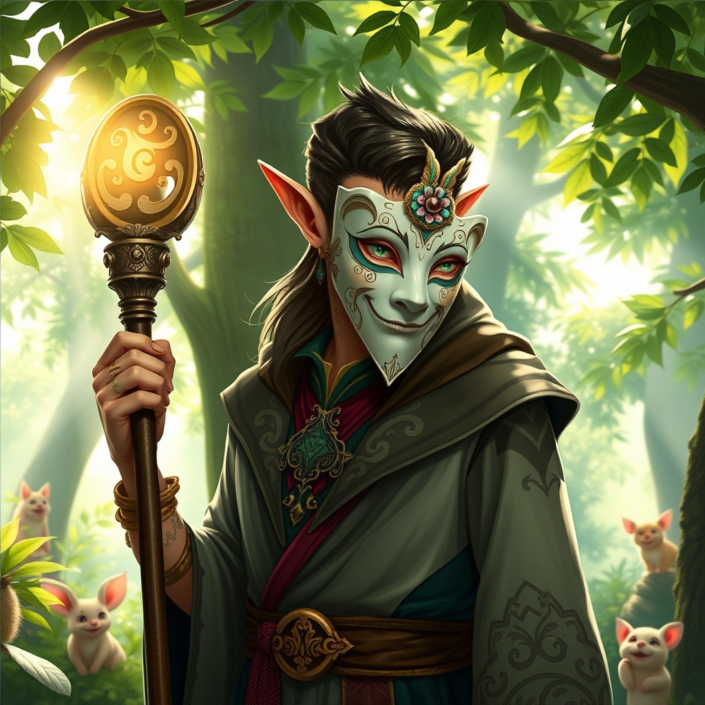A male high elf cleric from the trickster domain, standing confidently in a lush, enchanted forest