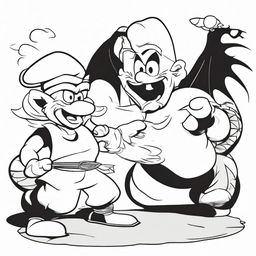 A high contrast, black and white vector-style illustration of Papa Smurf fighting with a dragon. Maintain a simple, flat design and line art style.