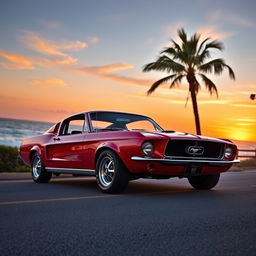 A classic 1967 Ford Mustang Fastback in a vibrant red color parked on a scenic coastal road