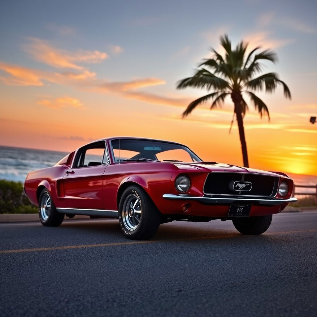 A classic 1967 Ford Mustang Fastback in a vibrant red color parked on a scenic coastal road