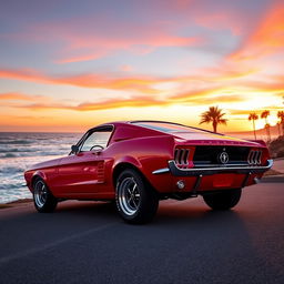 A classic 1967 Ford Mustang Fastback in a vibrant red color parked on a scenic coastal road