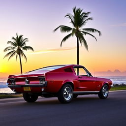 A classic 1967 Ford Mustang Fastback in a vibrant red color parked on a scenic coastal road