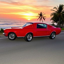 A classic 1967 Ford Mustang Fastback in a vibrant red color parked on a scenic coastal road