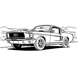 A black and white outline drawing of a classic 1967 Ford Mustang Fastback, designed for coloring
