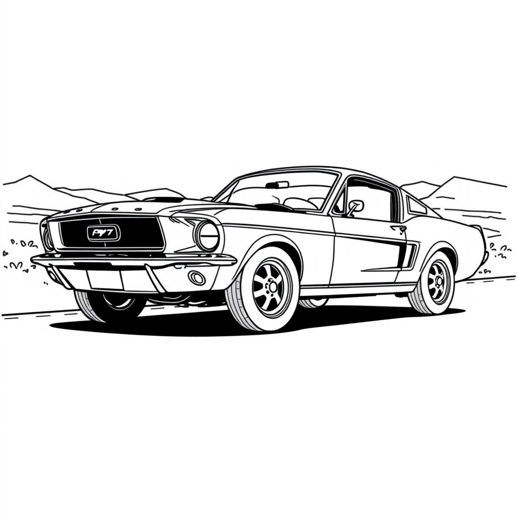 A black and white outline drawing of a classic 1967 Ford Mustang Fastback, designed for coloring