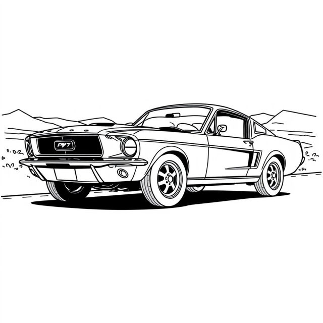A black and white outline drawing of a classic 1967 Ford Mustang Fastback, designed for coloring