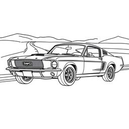 A black and white outline drawing of a classic 1967 Ford Mustang Fastback, designed for coloring