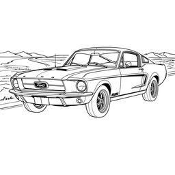 A black and white outline drawing of a classic 1967 Ford Mustang Fastback, designed for coloring
