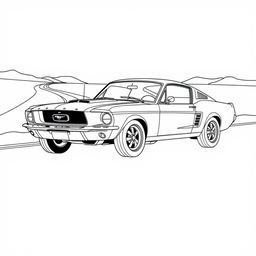 A black and white outline drawing of a classic 1967 Ford Mustang Fastback, designed for coloring